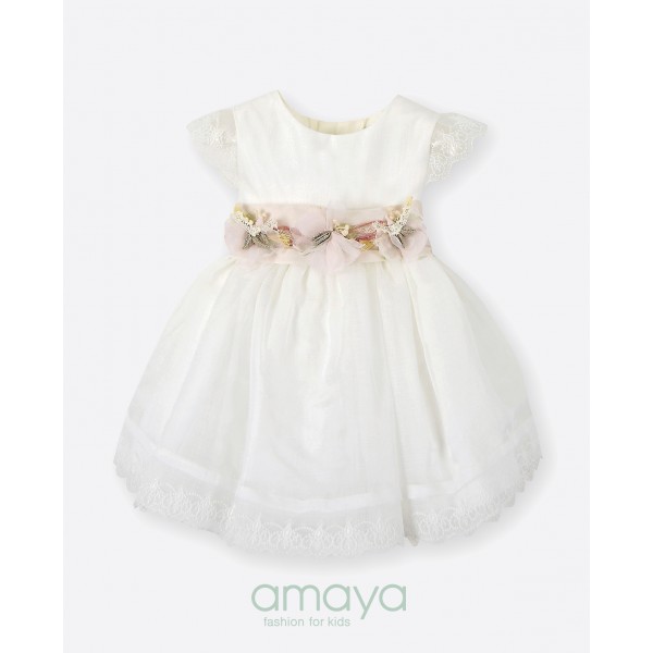 Vestido c/ aplique flores no cinto 