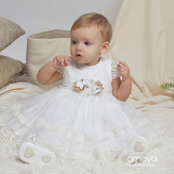 Vestido c/ tule/renda e aplique flor 