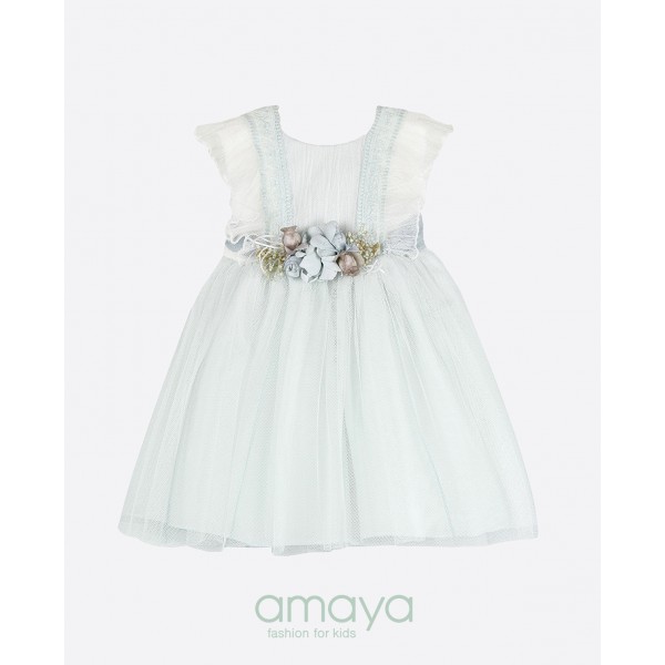 Vestido todo em Tule c/ aplique flores 