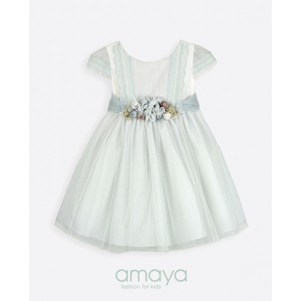 Vestido renda / tule e aplique flor c/ laço nas costas 