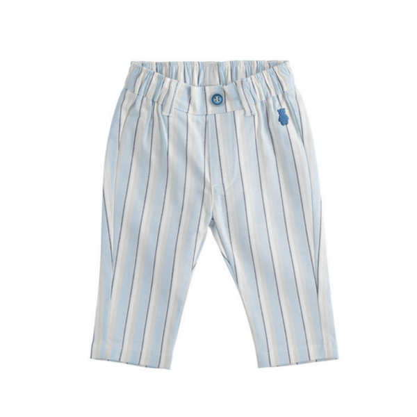 Calça de riscas azul e bege