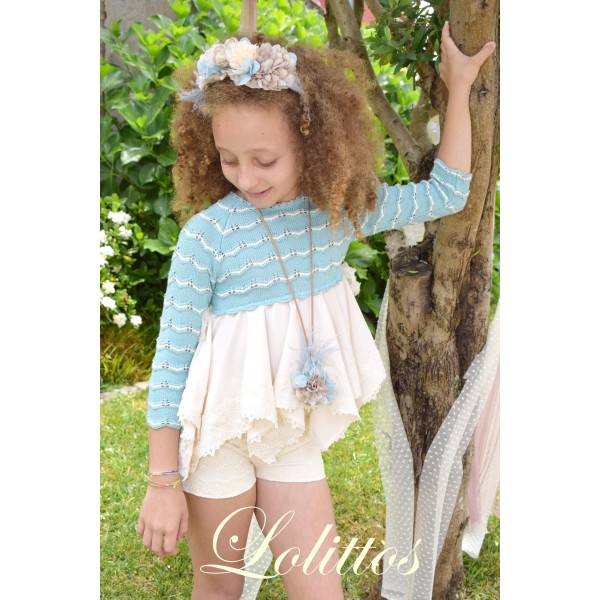 Vestido Ondinas azul e bege 